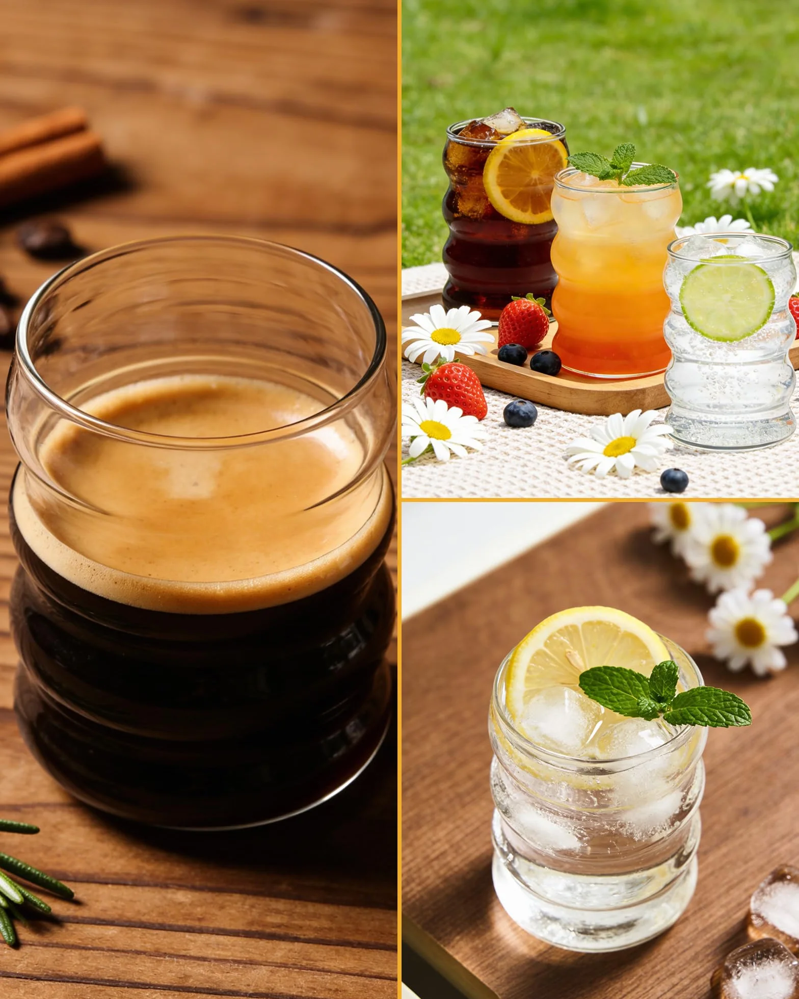 Juego de 4 Vasos de Cristal con Pajita y Cepillos 350 ml – Vasos Ondulados Resistentes Al Frío y Al Calor para Café Helado, Agua y Bebidas