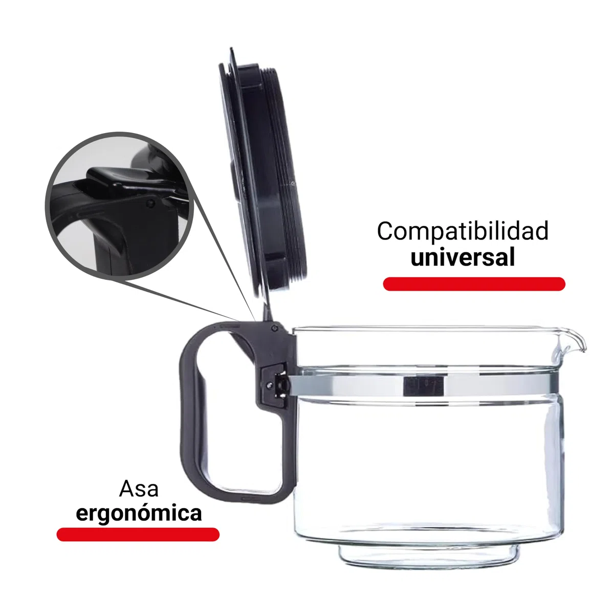 Sanfor - Jarra Cafetera Universal Grande| Jarra de Cafetera Americana o de Goteo Eléctrica | Recipiente Base 85mm, capacidad 1 Litro | Tapa Antigoteo Altura Regulable 1,30-14,5 cm | Taza de Vidrio