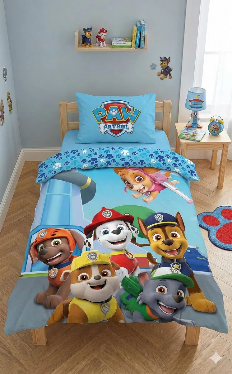 Paw Patrol Ropa de Cama 100% algodón, Azul, 100 x 135 + 40 x 60 cm | Ropa de cama bebé reversible | Algodón natural suave transpirable | Rubble Zuma Rocky | 0-3 | Cuna | Lavable a máquina