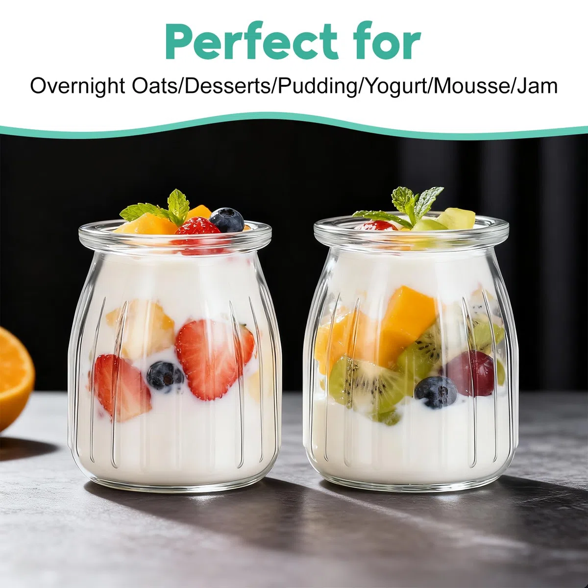 Hejo 12 Piezas Vasos Yogurtera con Tapa, 200ml Tarros de Yogur con Tapa Reutilizables, Frascos de Vidrio Pequeños, Tarros de Cristal Portátiles para Yogur Avena Mermelada de Especias(Raya)