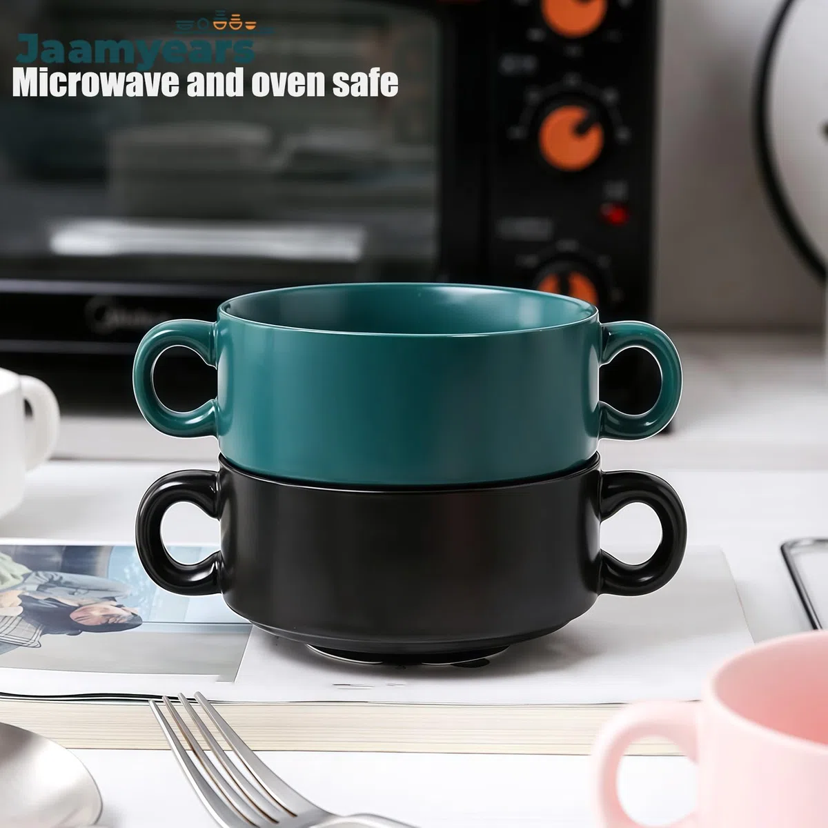 Taza de sopa con asas, cuenco pequeño de sopa de cebolla de 350 ml, apto para horno, para desayuno, leche, postres, avena
