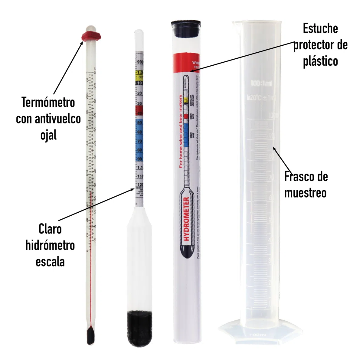 Hidrómetro para elaboración de cerveza casera, termómetro y probeta de 100 ml - Equipo para elaboración de cerveza y vino