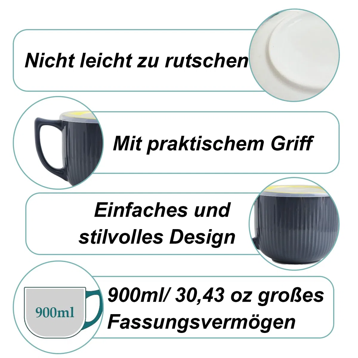 Café de Cerámica de 900ML Tazas, Tazas de Sopa con Asa, Cuencos de Cerámica con Tapa, Taza Grande de Sopa de 900ML, con Cuchara y Cepillo de Esponja, para Microondas, Lavavajillas(Gris Oscuro)