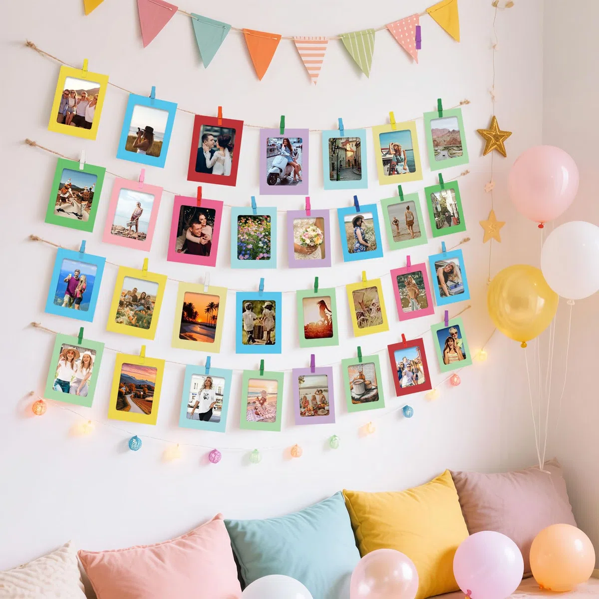 DELAESI 40 Piezas Marcos de Fotos Colgar Fotos 10 x 15 cm Guirnalda de Fotos con 40 Pinza Madera y 4 Piezas Cuerda Marco de Fotos Carton para Decoración Pared Cumpleaños Fiesta (Color)