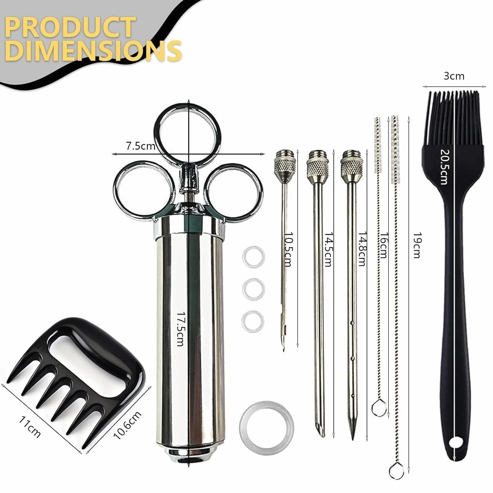 Inyector de carne de acero inoxidable de 60 ml con 3 agujas, jeringa de adobo para barbacoa, baster de pavo para carne de res, pollo y cerdo, apto para lavavajillas, fácil de limpiar