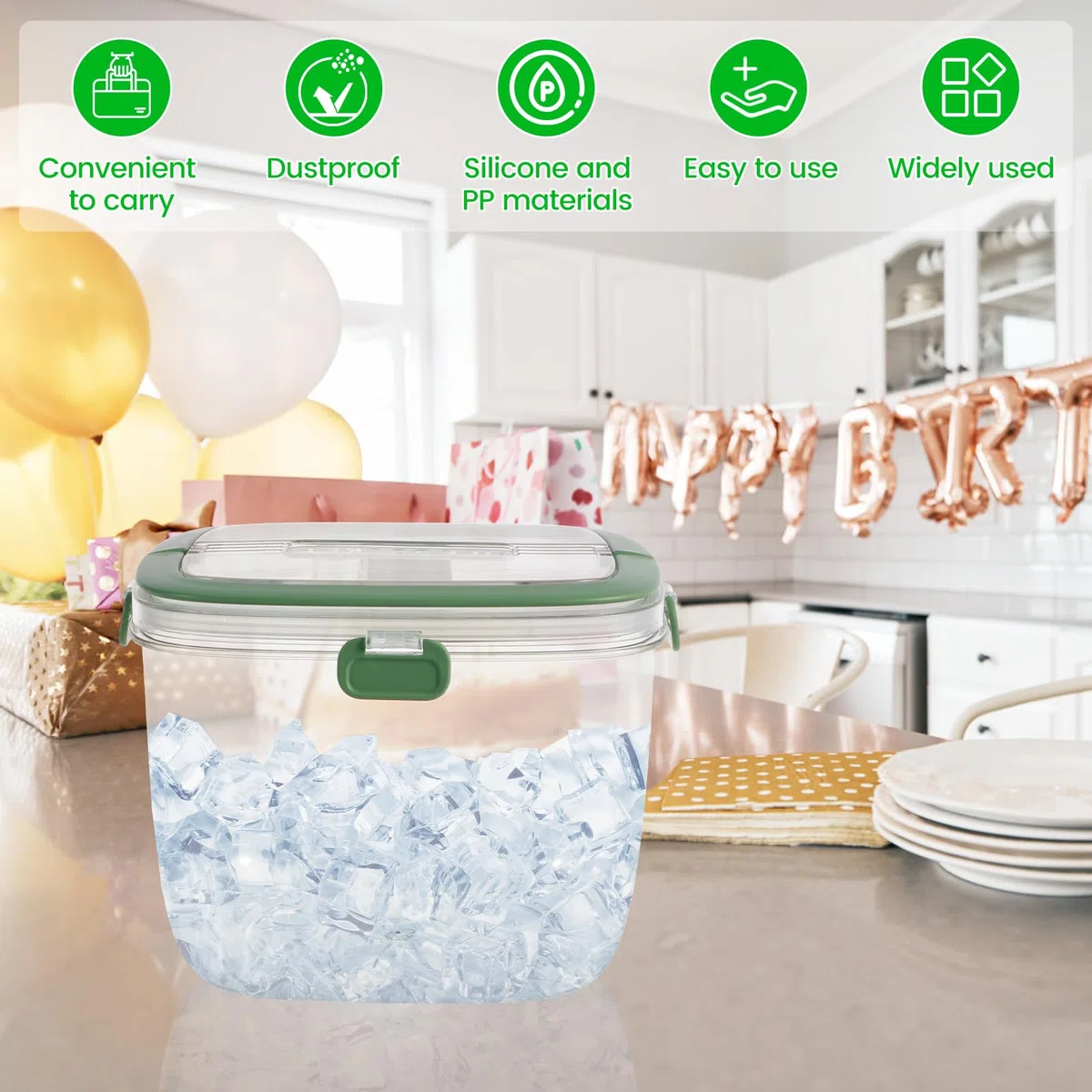 Cubo de hielo con tapa y pinza, contenedor de hielo sellado con asa, cubo de almacenamiento portátil de 5 litros, cubo de vino multifuncional para cóctel, congelador, bar, fiesta, barbacoa, camping