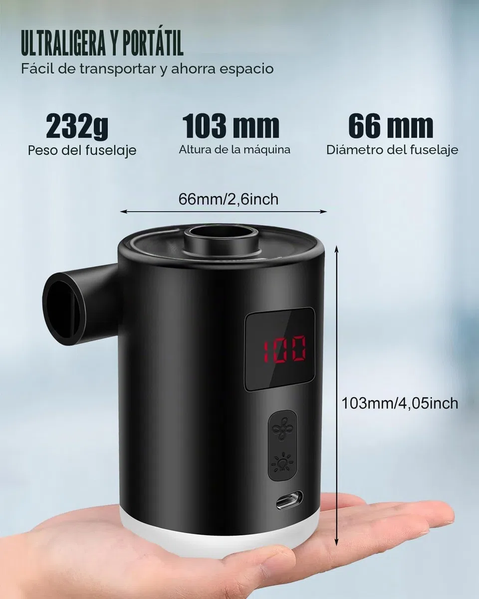 Bomba de Aire Eléctrica 4000mAh Batería Recargable con 3 Boquillas, Inflador Eléctrico Portátil, con Fuente de Luz, se Puede Colgar, Adecuado, para Barco Inflable Piscinas Colchones de Cama, Inflador