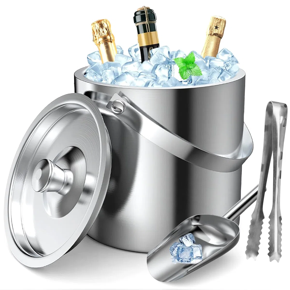 Cubitera de acero inoxidable, cubo hielo de 1,6 l con diseño de doble pared, recipiente para cubitos, pala de hielo y pinzas, enfriador portátil