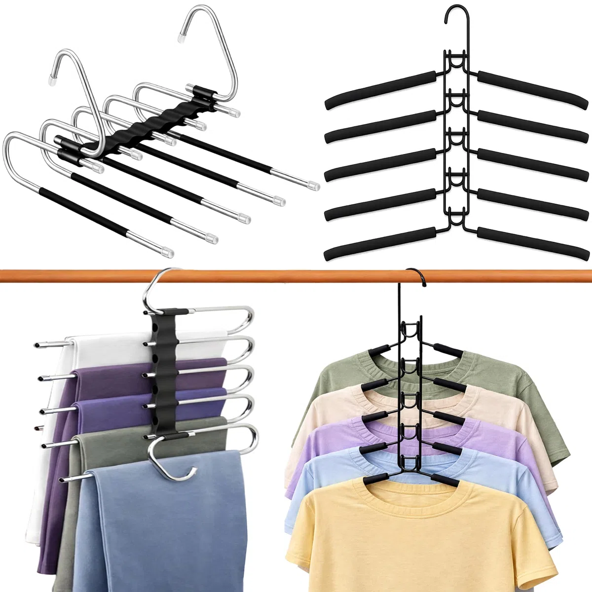 Pack Organizador de Armario Perchas Ahorra Espacio (2 Piezas): Percha Múltiple Pantalones + Percha Multifunción para Ropa. Colgadores de Ropa Acero, Perchas Multiples para Organizar Armario y ordenar