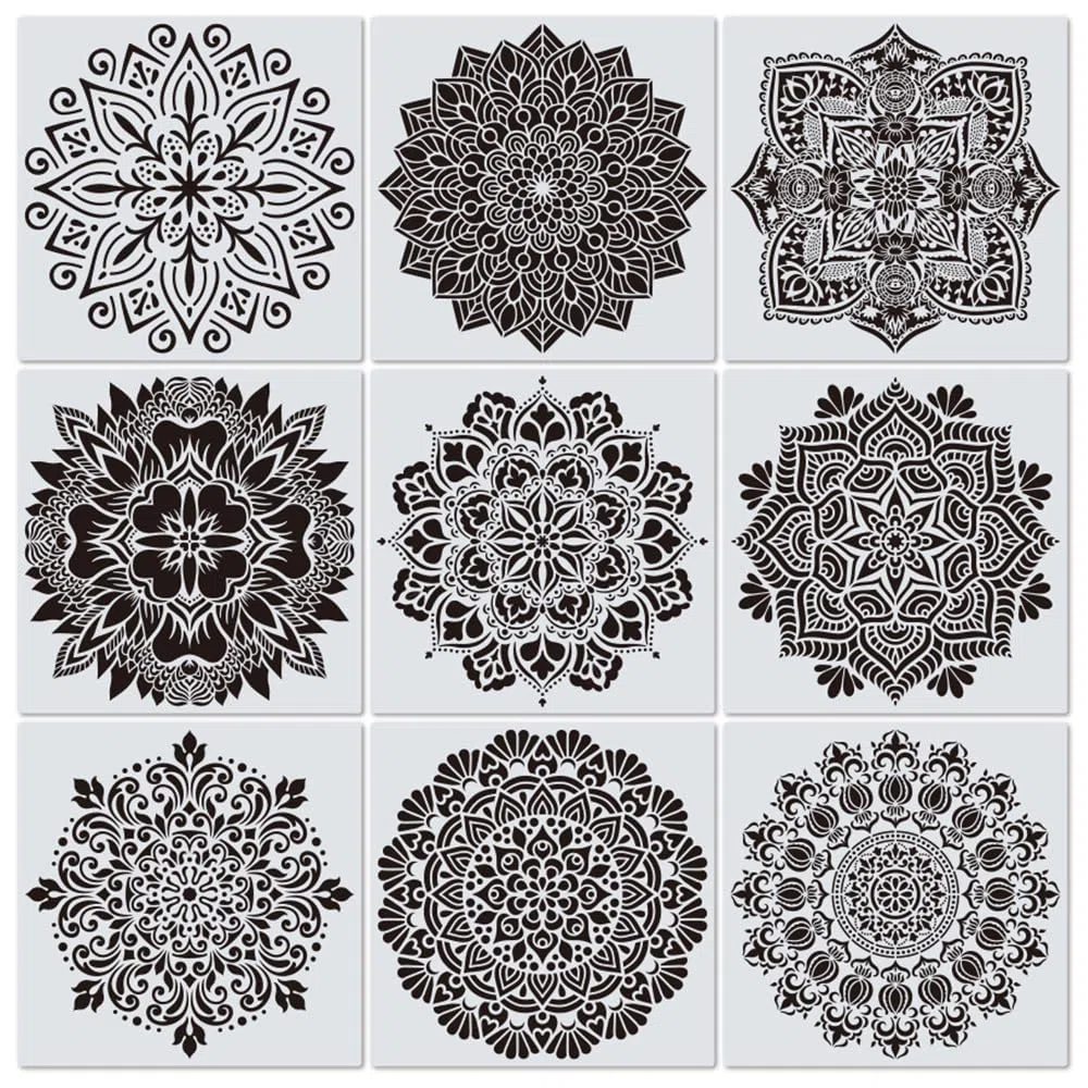 9 Piezas Plantillas de mandala, Plantilla de pintura de plástico blanco, para Muebles, Plantilla de Dibujo DIY Paredes Piedras Madera Tela Azulejos Manualidades Pintar Decoración (30 * 30 cm)