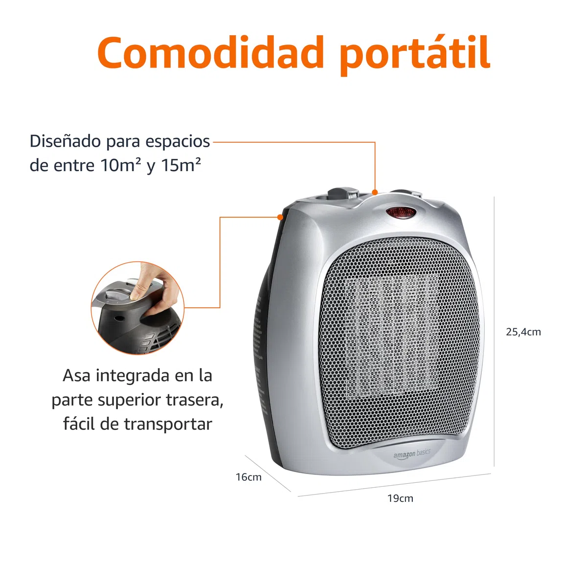 Amazon Basics Calefactor de cerámica, 1800 W, con termostato ajustable, Plateado