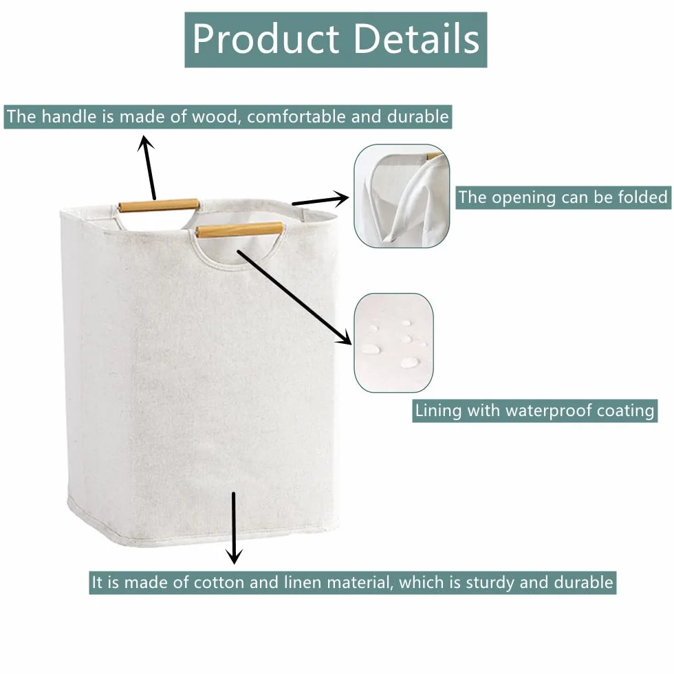 Cesto Ropa Sucia Plegable Portátil 40×30×30 cm con Mango de Madera, Impermeable para Salas, Dormitorios, Viajes