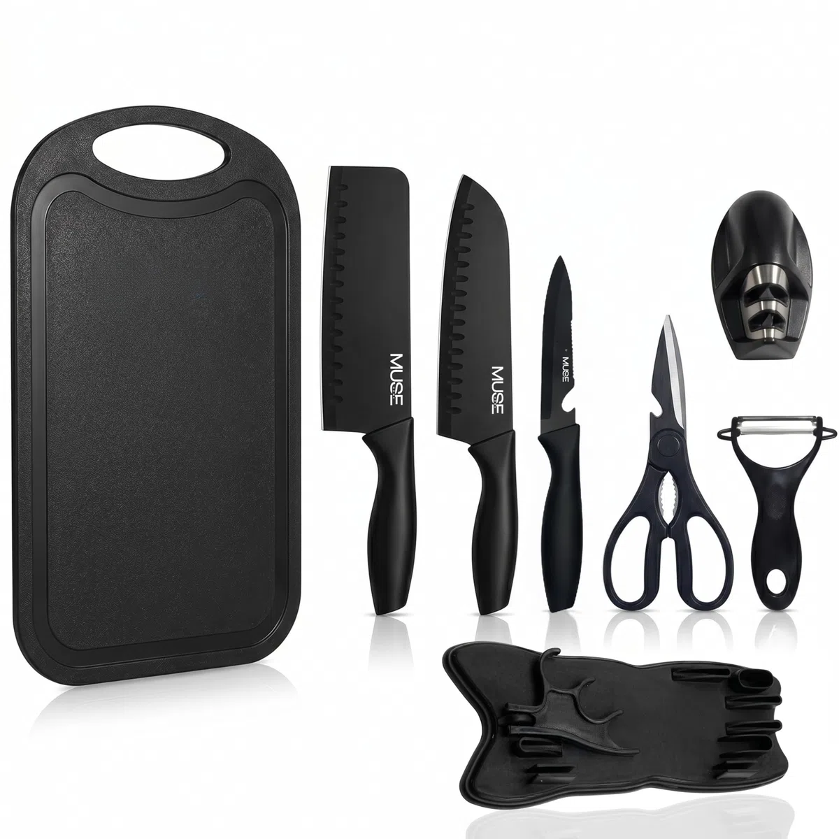 Juego de Cuchillos de Cocina Profesional 8 Piezas con Soporte, Pelador y Afilador, Set Completo de Cuchillos para Carne y Cocina