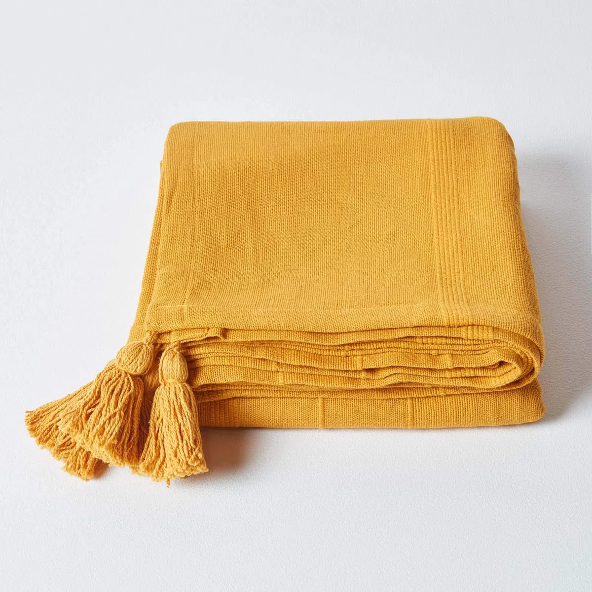 HOMESCAPES - Manta Acanalada Rajput - 60 x 80 Pulgadas - Amarillo Mostaza - Hecho a Mano 100% algodón - Adecuado para sofás de 2 plazas - Colcha Individual - Fácil Cuidado, Lavable en casa