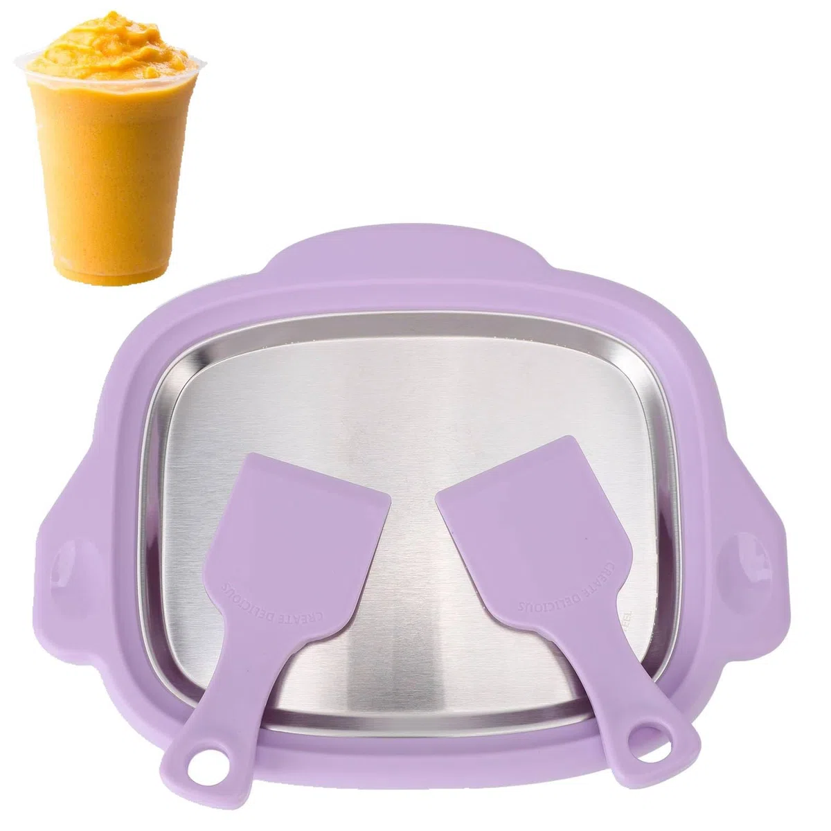 Máquina para hacer helados enrollados, mini placa de rollo congelable de acero inoxidable, rodillo de yogur helado con bandeja congelable y 2 raspadores para niños, helados caseros, slushies, yogur