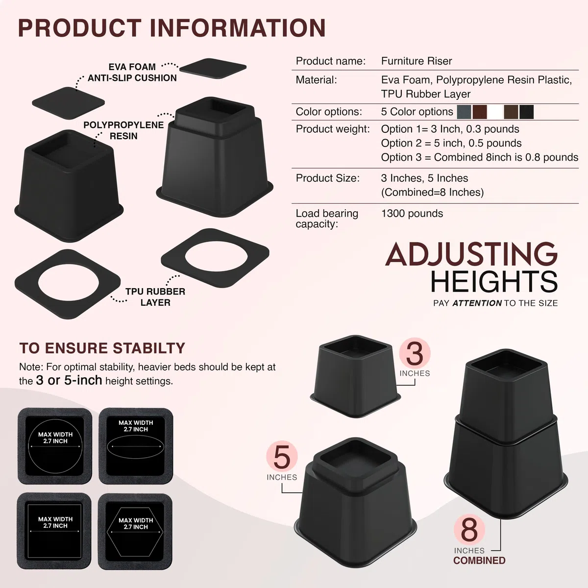Utopia Bedding Elevadores Ajustables para Muebles de Cama (Juego de 8) - Elevación en Alturas 3, 5 u 8 Pulgadas Elevadores Resistentes para Sofá y Mesa - Soporta hasta 1.5 Libras - (Negro)