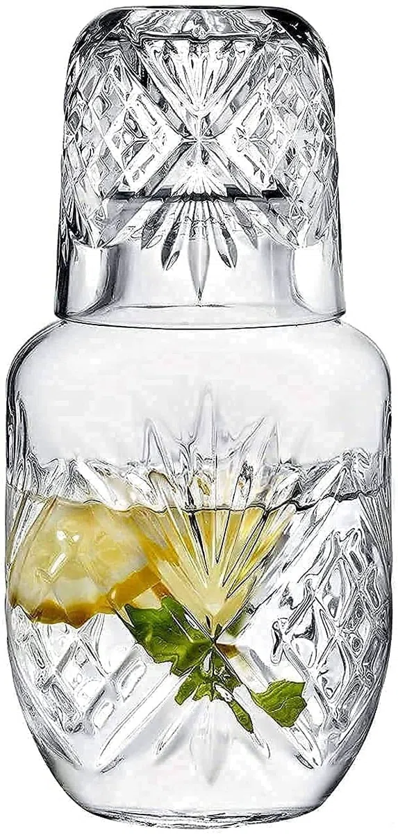 Juego de jarra y vaso de cristal para mesita de noche, jarra de noche de cristal y vaso, juego de jarra de agua de 2 piezas y taza de noche (525 ml)