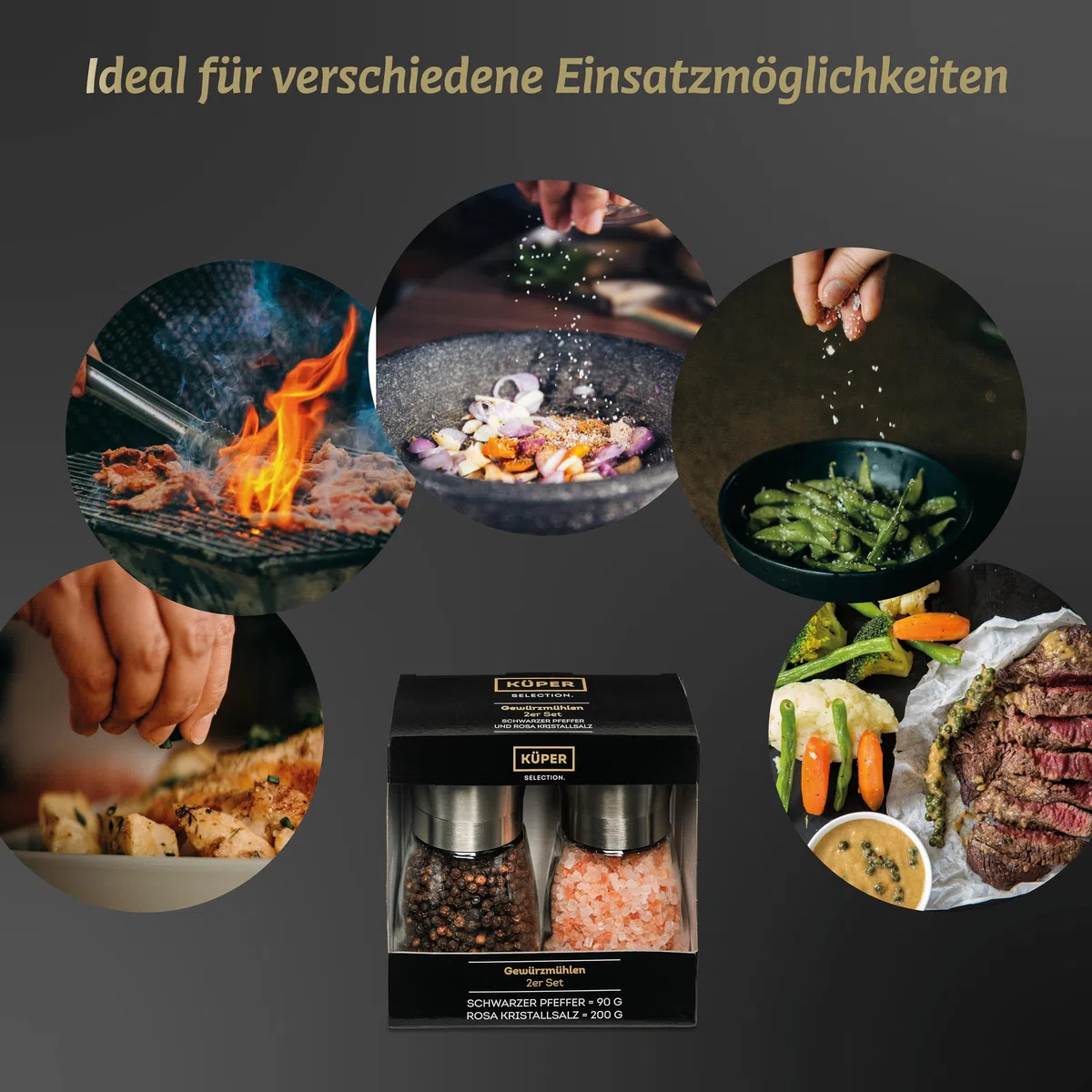 Küper Selection - Juego de 2 molinillos de especias - con pimienta negra y sal de cristal rosa - Molinillo de sal y pimienta - Juego de 2 especias - 90 g de pimienta - 200 g de sal