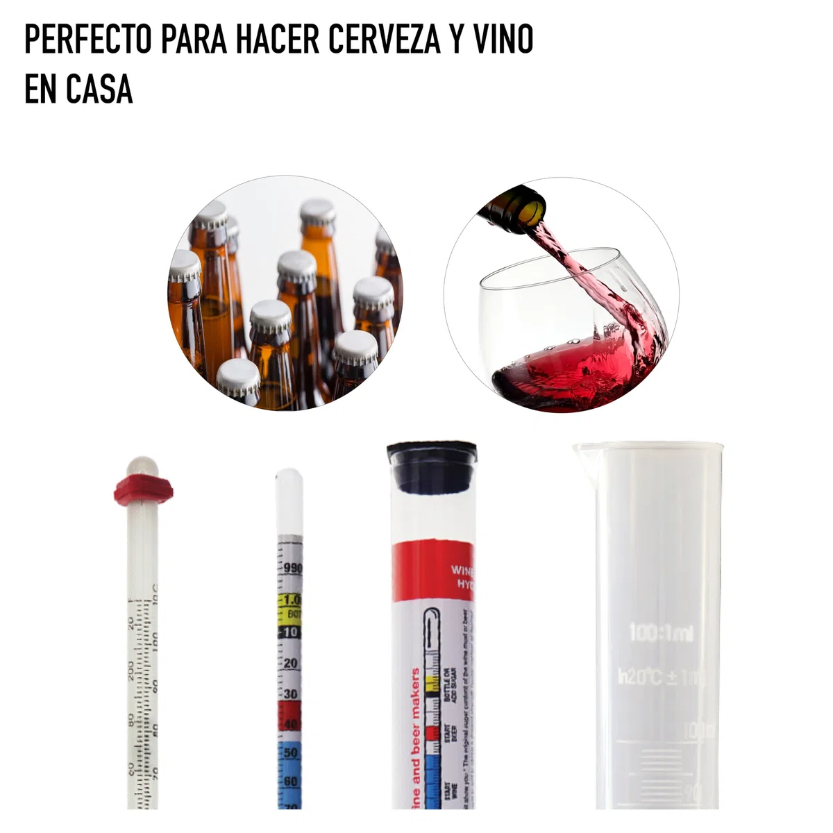 Hidrómetro para elaboración de cerveza casera, termómetro y probeta de 100 ml - Equipo para elaboración de cerveza y vino