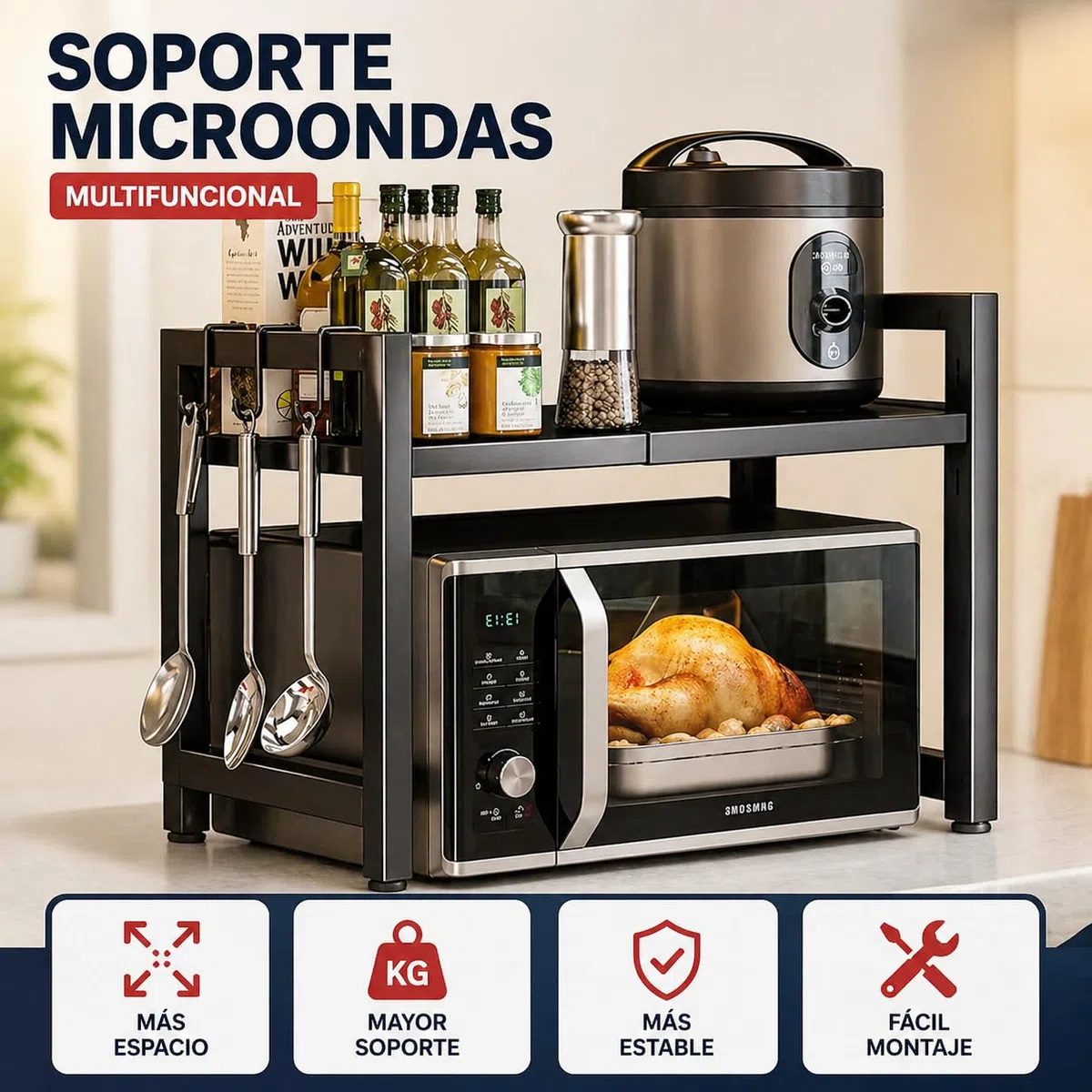 Soporte Microondas Encimera Ajustable - Estante para Microondas y Horno - Estantería Microondas Cocina con Almacenamiento - Organizador Cocina Encimera Resistente - Mueble para Microondas y Cafetera