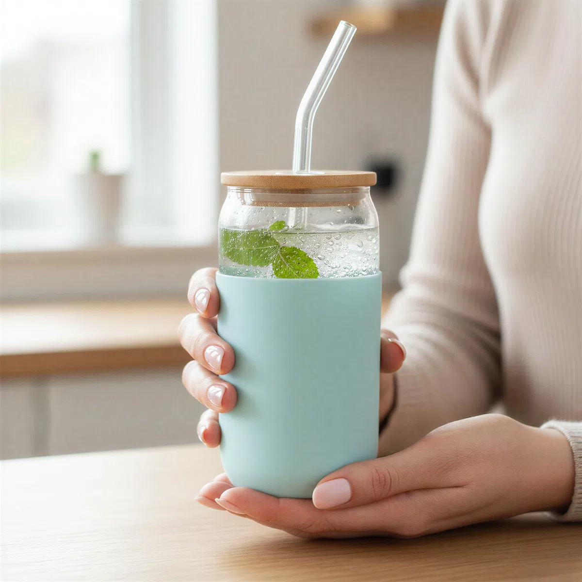 Aquafloow Vaso con pajita y tapa 500 ml | Vasos reutilizables Funda de silicona | Set de vasos - 2 pajitas 1 varilla de limpieza | Para batidos, café, cócteles - 4 piezas - Azul