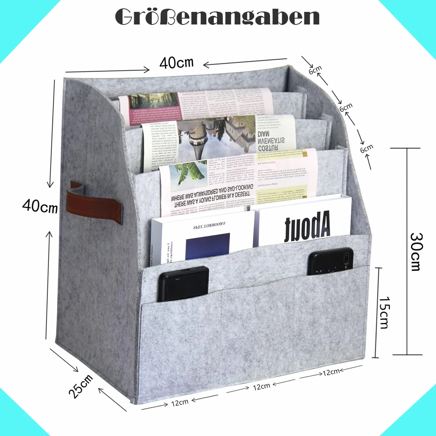 Estantes de revistas plegables, trasteros de periódicos, colectores de revistas de cestas de fieltrograndes,4 plantas y 3 bolsillos pequeños, gafas y espaciode almacenamientopara teléfonosmóviles