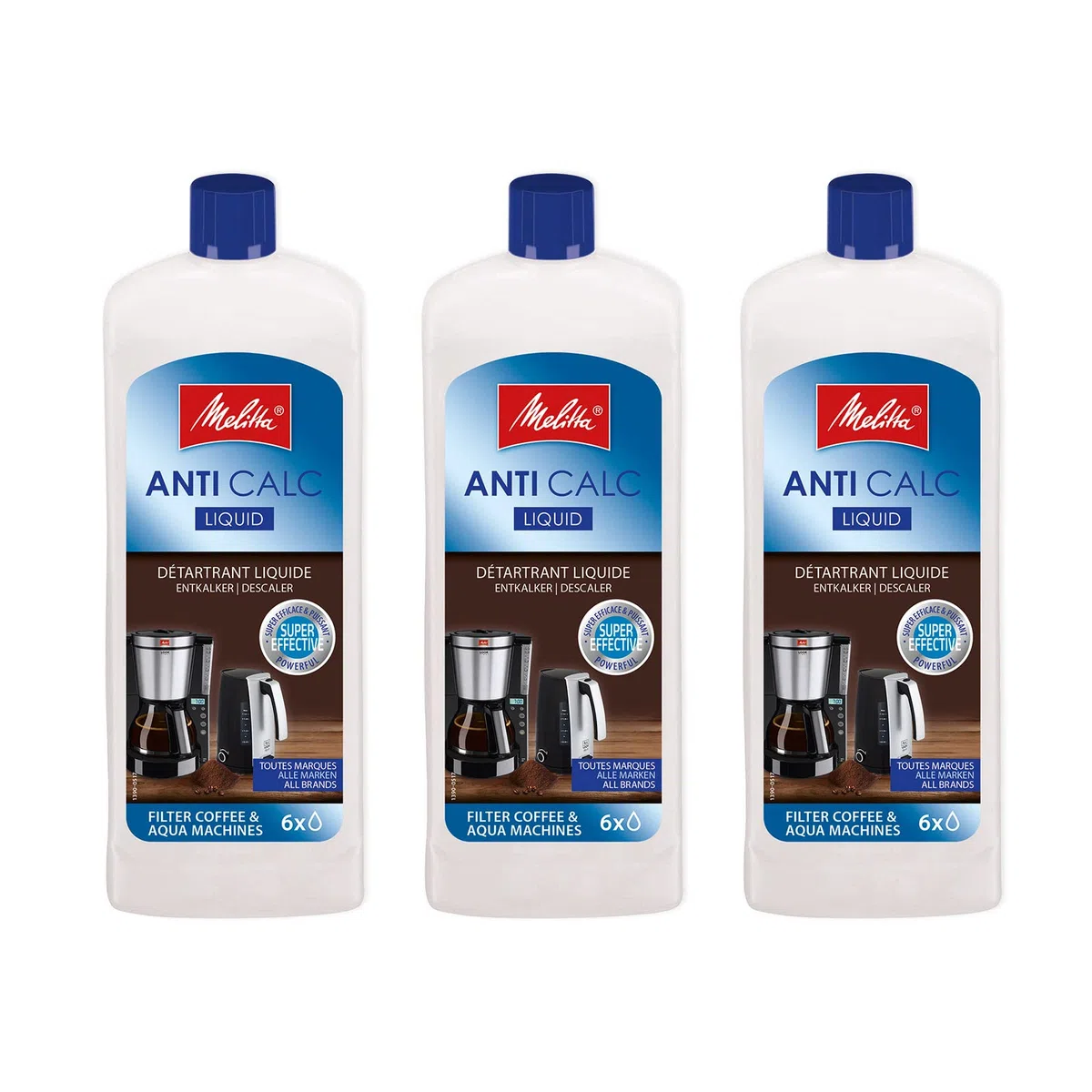Melitta Anticalc - Descalcificador líquido anticalcificador para cafeteras de filtro y hervidores de agua, elimina depósitos de cal, fácil aplicación, 3 x 250 ml