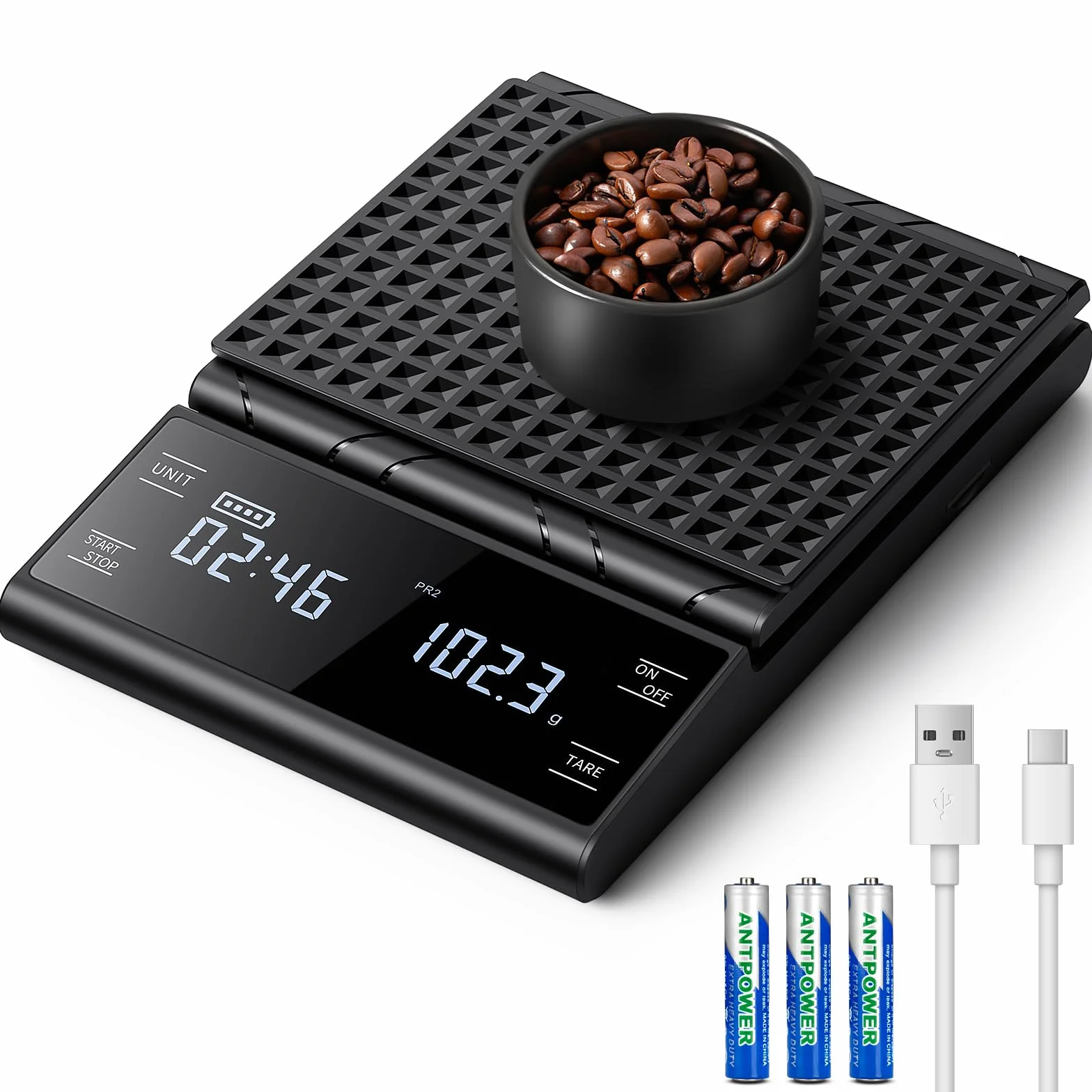 Báscula de Café Digital con Temporizador, Recargable Báscula de Espresso de Precisión 5 kg/0,1 g, con Pantalla LCD y Medición Automática Del Tiempo