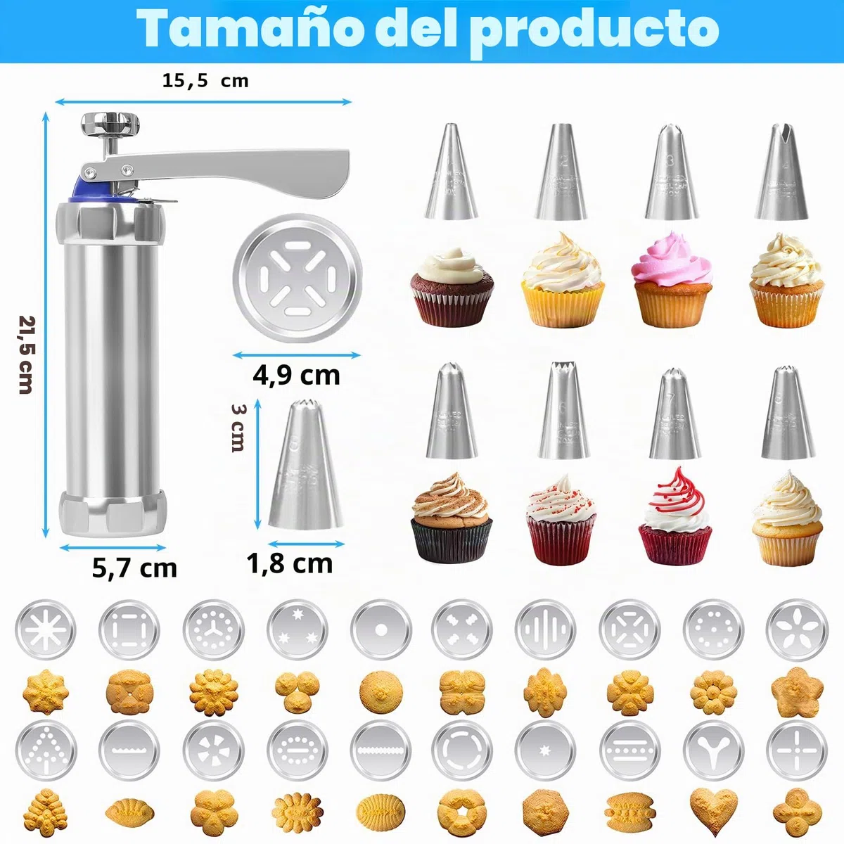 Churreras para Churros y Porras, Churrro Gun Kit con 20 Moldes de Disco y 8 Boquillas Prensa, Prensa Pastelera de Acero Inoxidable, Biscuit Maker, para DIY Elaboración de Galletas de Pasteles