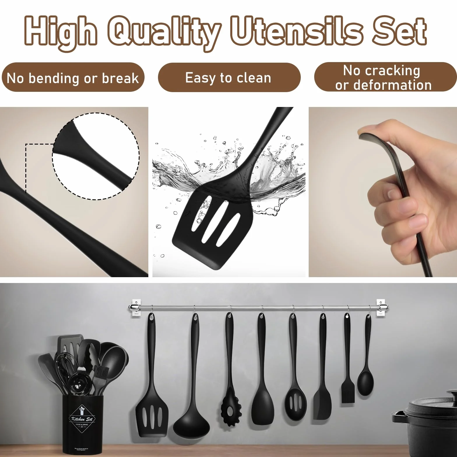 VINATO Juego de Utensilios de Cocina 12 Piezas de Silicona Alimentaria, Utensilios de Cocina sin BPA | Apto Lavavajillas, Negro