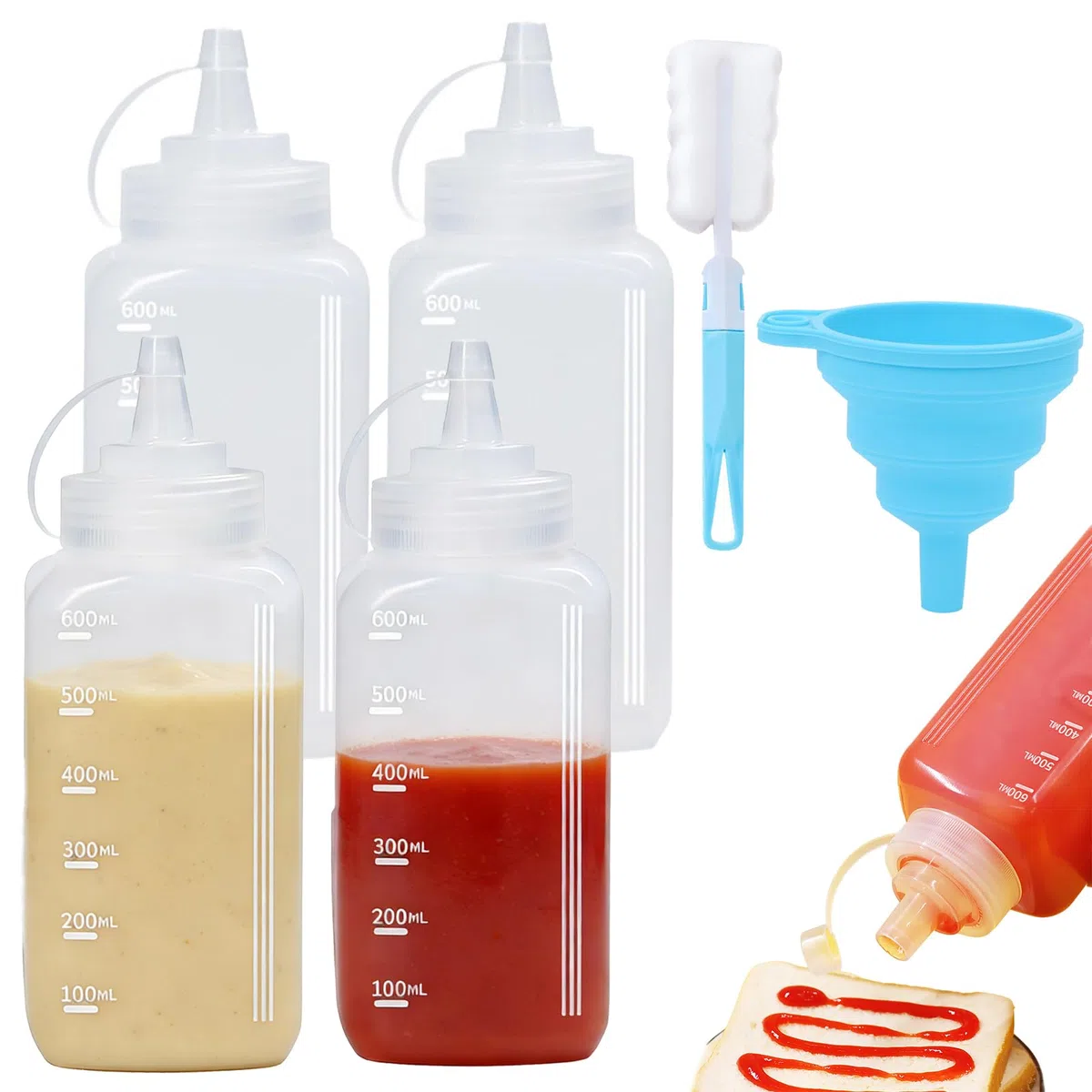 4 Piezas Squeeze Bottle de 600ML Condimento de Plástico Botella Exprimible con Embudo y Cepillo de Taza Dispensador de Salsas Ninguna Fuga para Condimentos Salsa Tomate Mostaza Mayonesa Salsa