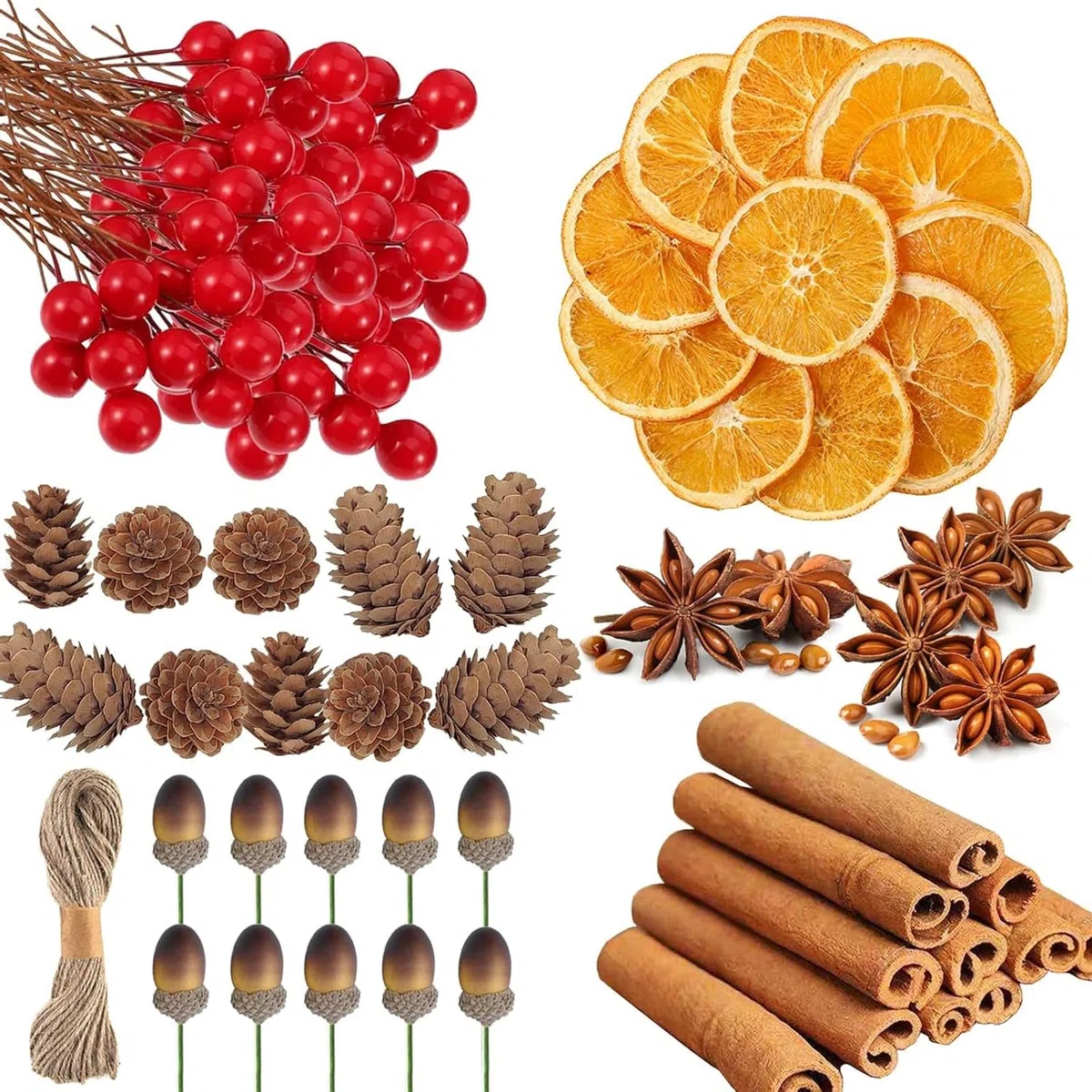 LATERN 225 Piezas Decoraciones para Coronas Navideñas, 20 Rodajas de Naranja, 20 Palos de Canela, 10 Piñas, 10 Anís Estrellado, 10 Bellotas, 155 Frutos Rojos - para Navideñas Fiestas Decoración