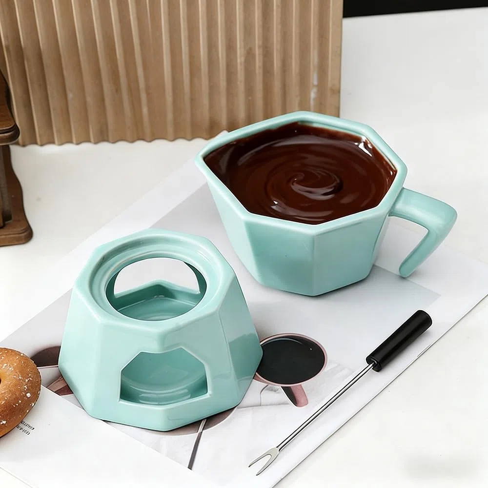 Fondue de Chocolate, Fondue Chocolate y Mantequilla de Cerámica, Set de 300ml con 1 Tenedores para Queso (Verde)