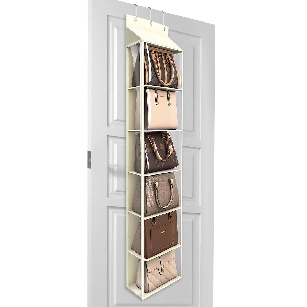 Lirex Organizador de Bolsos para Colgar en la Puerta, Organizador de Carteras con 6 Bolsillos y Cremallera, para Bufandas, Sombreros y Leggins, 30 x 12.8 x 131 cm, Blanco Crema