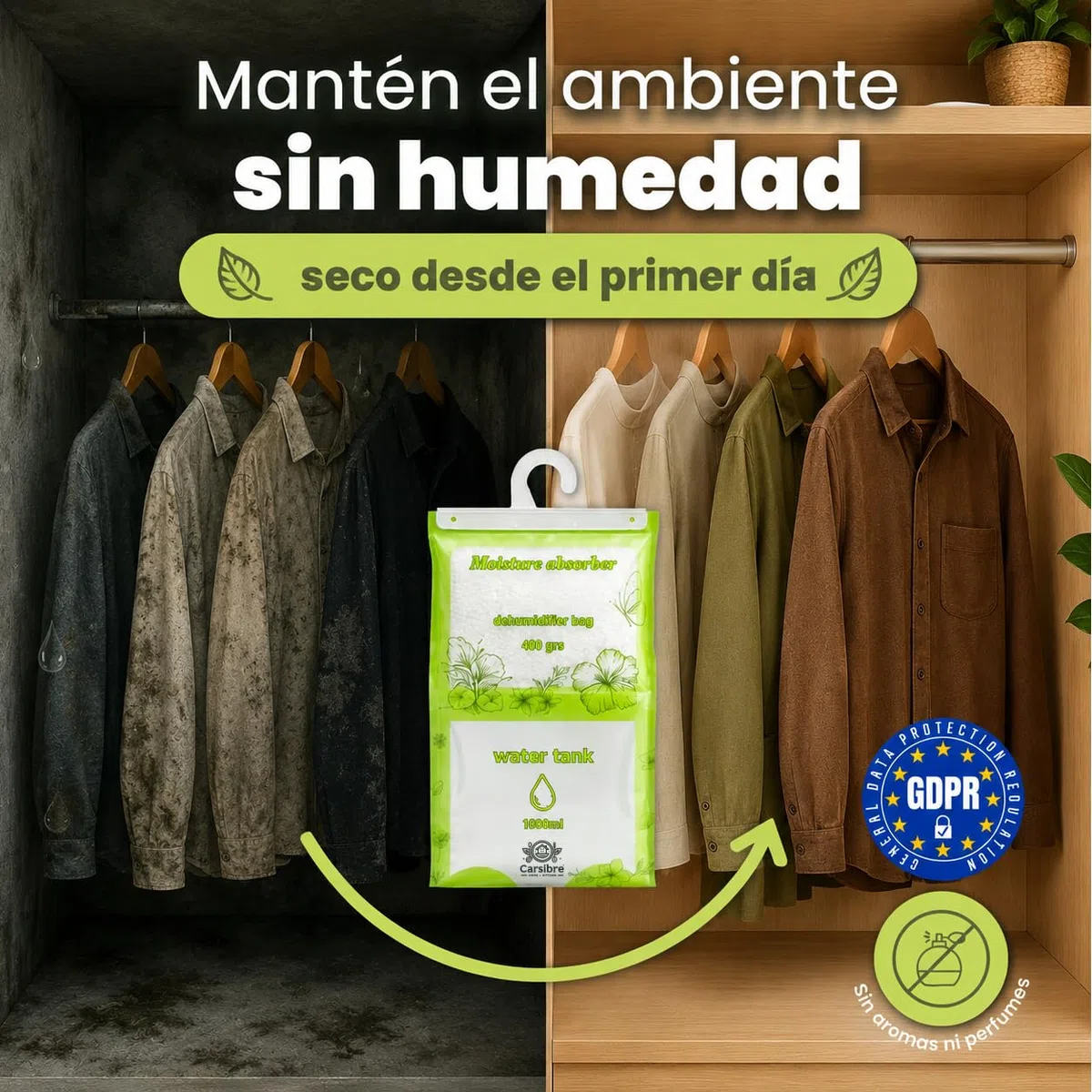 Bolsas Antihumedad Armarios 400g con Depósito 1L – Pack 8 (3,2 kg) – Deshumidificador Colgante Antimoho – Absorbe Humedad hasta 4 Meses – Sin Fragancia – Baños y Trasteros
