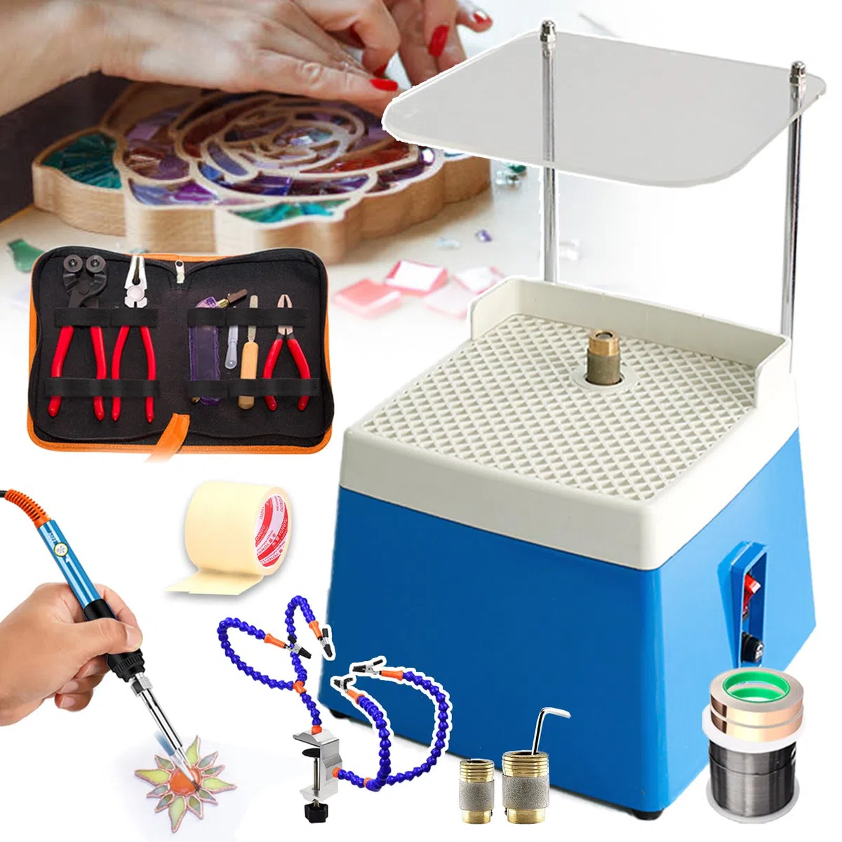 Kit de iniciación para molinillo de vidrio, kits para mosaicos y vidrios para entusiastas del bricolaje, molinillo de agua automático con broca de 5/8"+1"/kit de soldador de 60 W/kit de herramientas