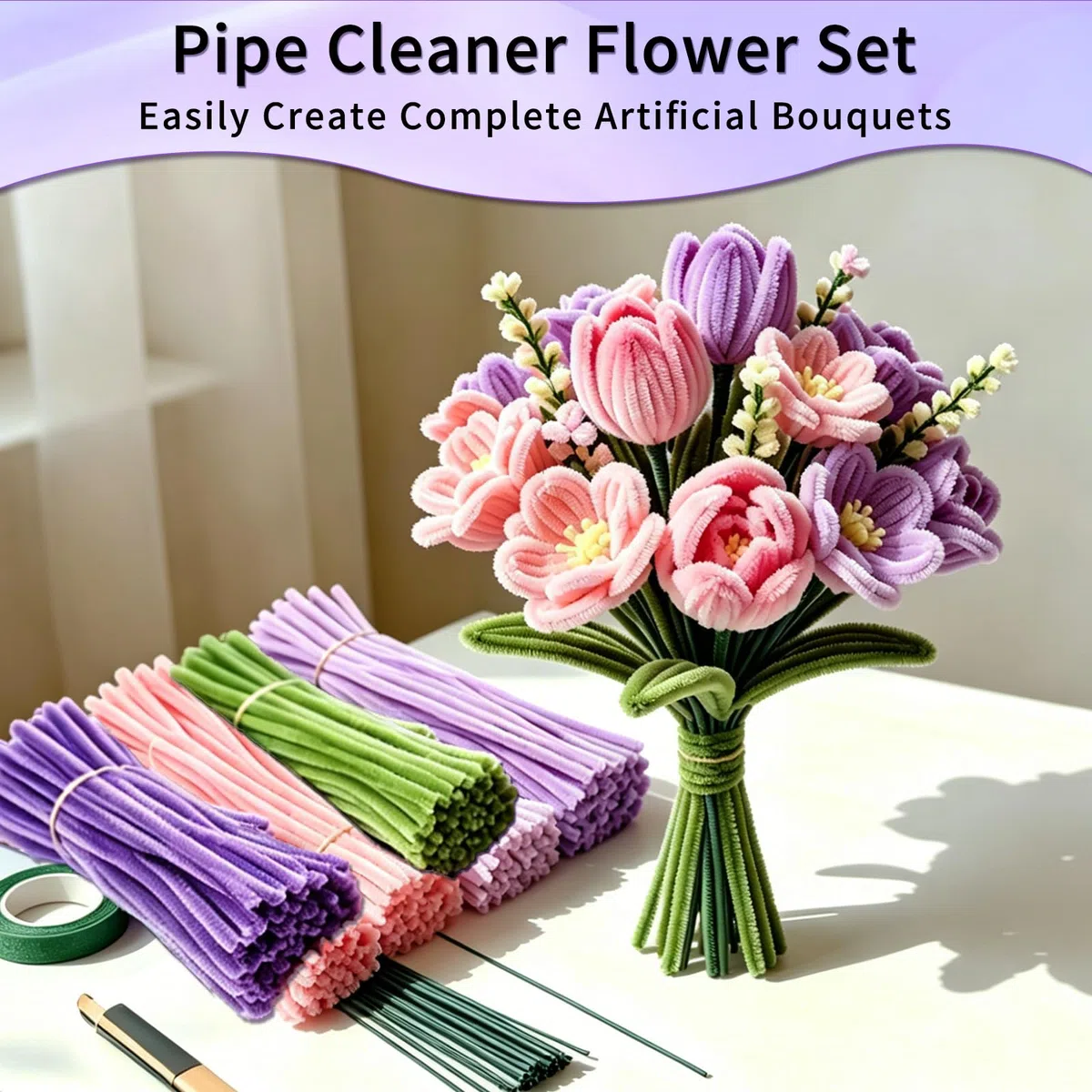 600 Piezas Limpiapipas,6 Colores Manualidades Limpia Pipas,30cm | Tulip Bouquet Pipe Cleaner Set,Limpia Pipas con Tallo Floral Artificial Estambres ,para Regalos Artesanales Ramos DIY