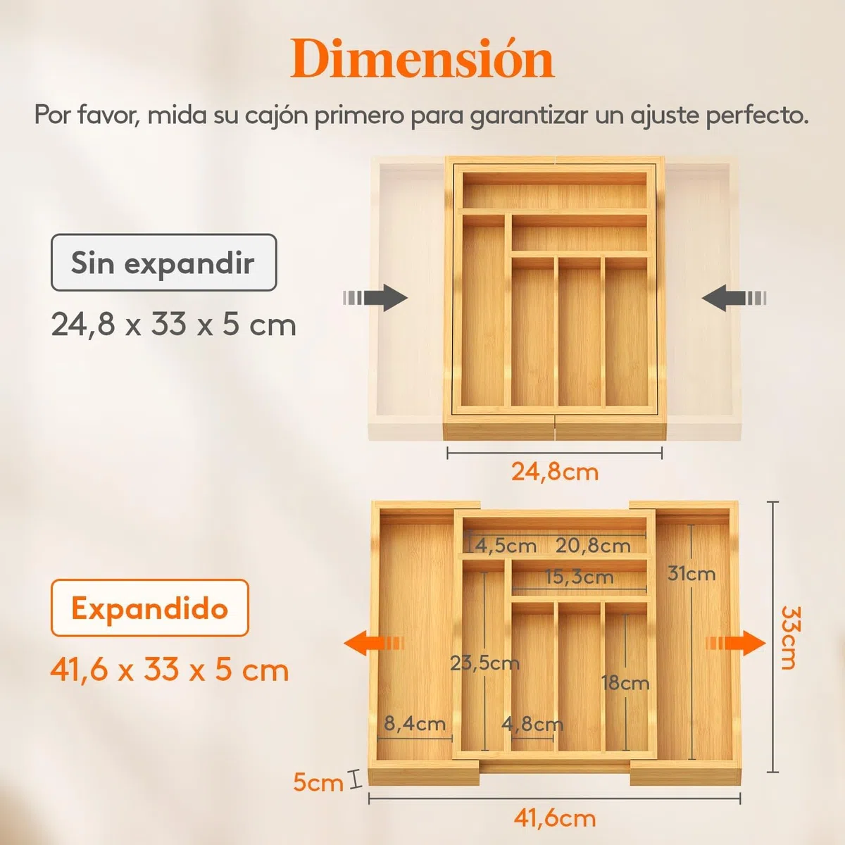 Lifewit Pequeño Bandeja para Cubiertos para Cajones, Profundidad de 33 cm, Cuberteros Extensible de Hasta 42 cm de Ancho, Organizador de Cocina para Pequenos Cubiertos, Cucharas de Te, Tenedores