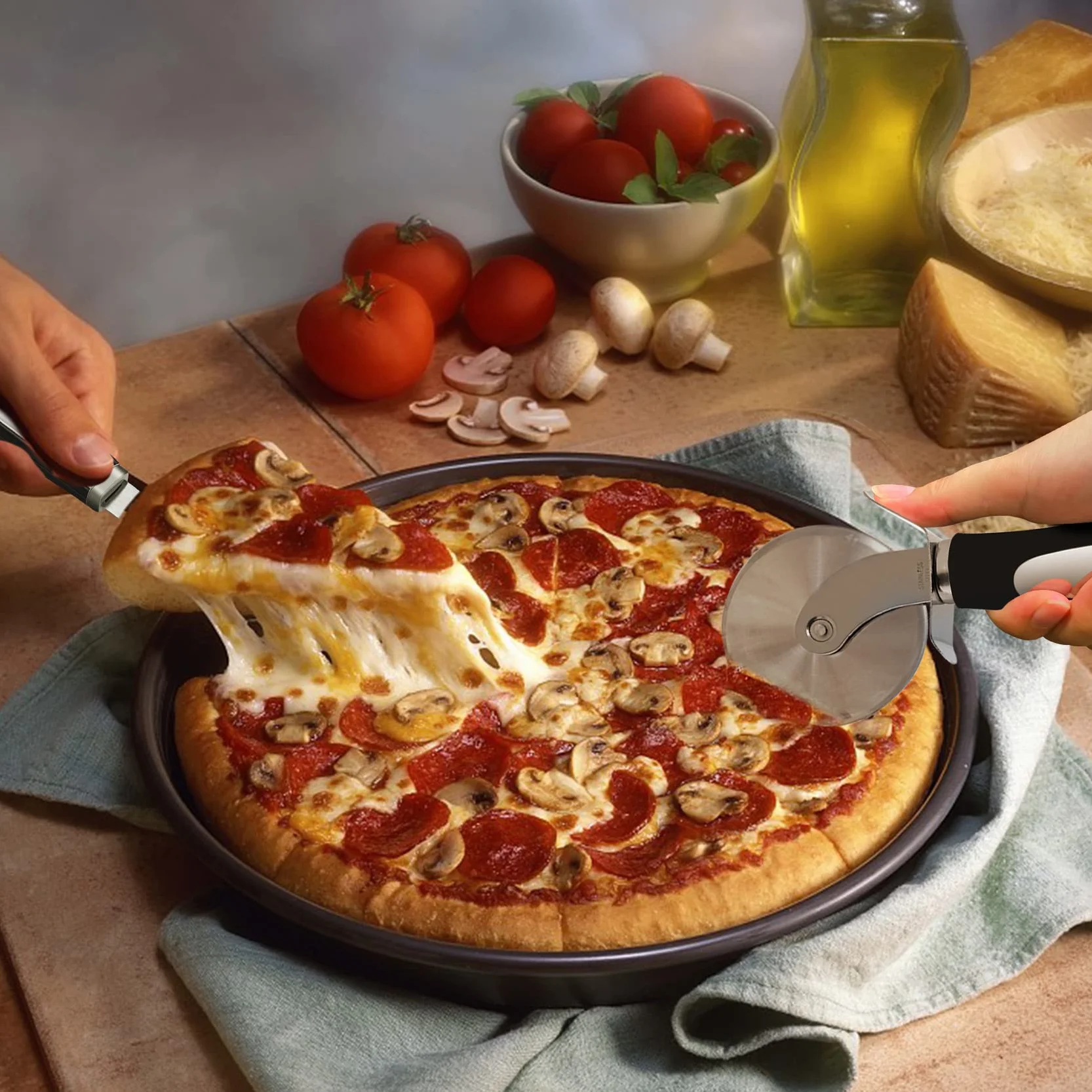 Set de Cortador de Pizza Servidor de Pizza Rueda de Pizza de Acero Inoxidable para Pizza Pastel y Pan