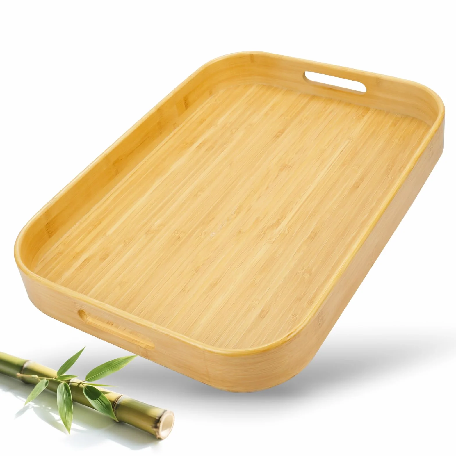 Bandeja de bambú para Servir con Asas,Bandeja de Madera 46x33x5.5 CM, Rectangular Cocina,Bandejas Decorativas para Desayuno, Bebidas, Aperitivos, Decoración del Hogar