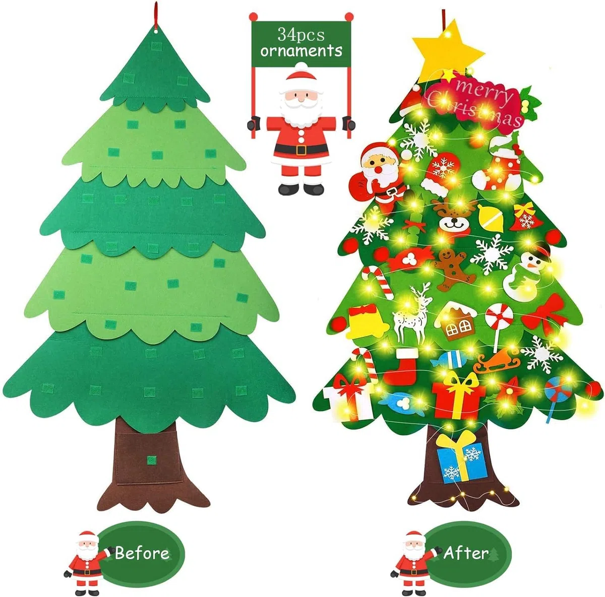 35pcs Fieltro Árbol de Navidad, DIY Christmas Hanging Tree ​con Ornamentos Desmontables El árbol de Navidad de 50 Luces LED,para Regalos navideños, Decoración de Navidad para Paredes y Puertas del