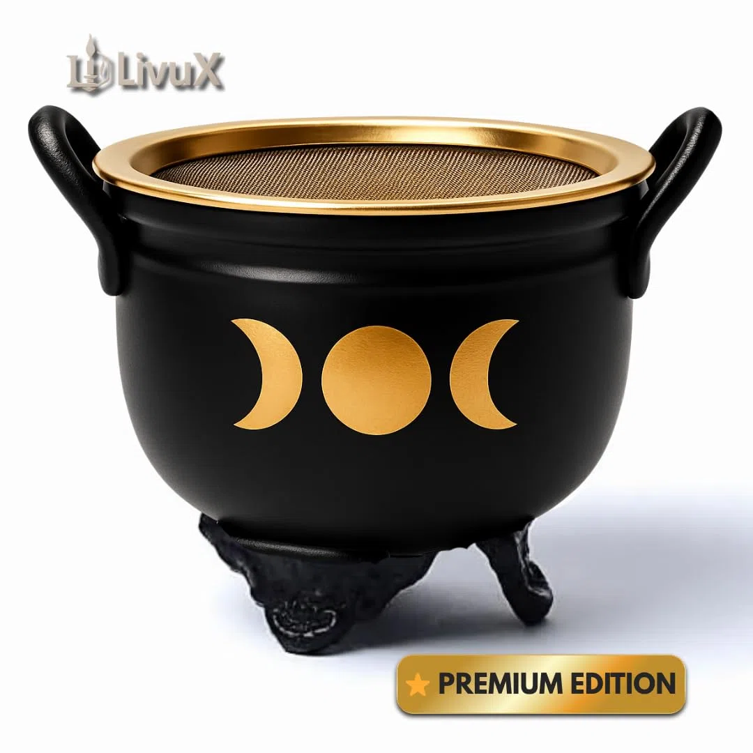 LivuX Hervidor de incienso de fases lunares con colador, quemador de incienso de hierro, diámetro de 9,5 cm, caldero ritual estable, ideal para ahumado, resina y hierbas, accesorio mágico para