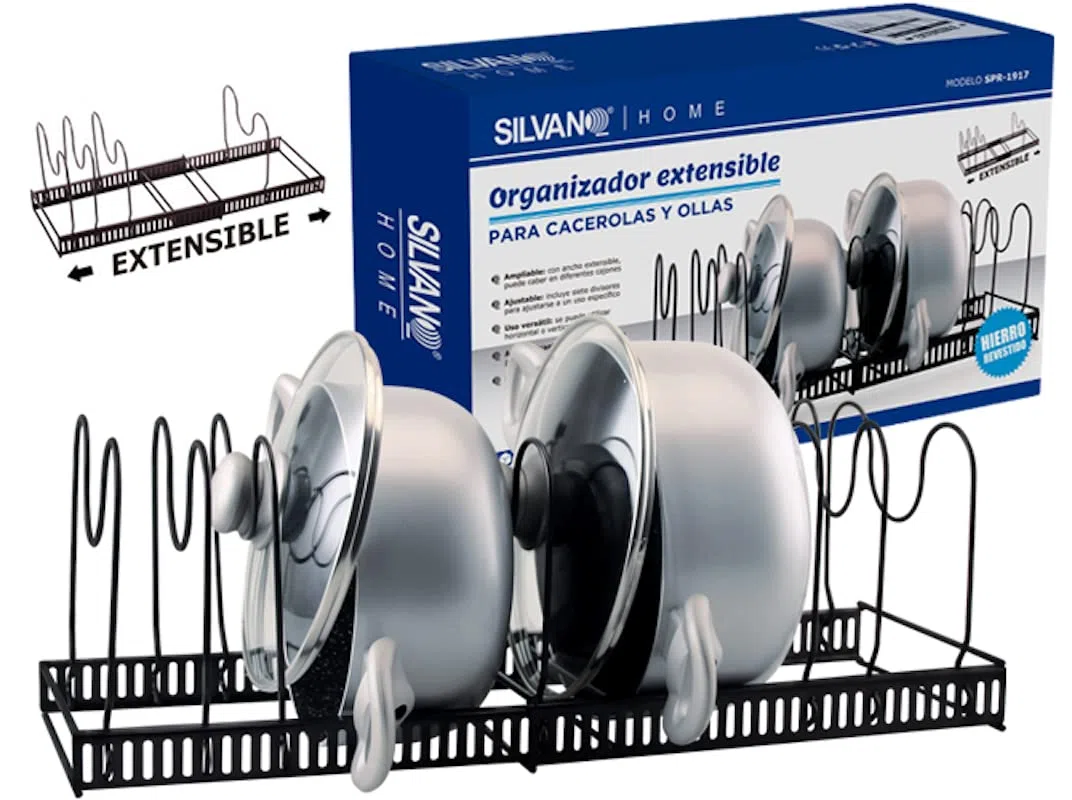 SILVANO Organizador de Ollas y Sartenes Extensible - Distancia Regulable - Posición Horizontal o Vertical - Fabricado en Hierro Revestido Inoxidable - Soporte de Utensilios Resistente