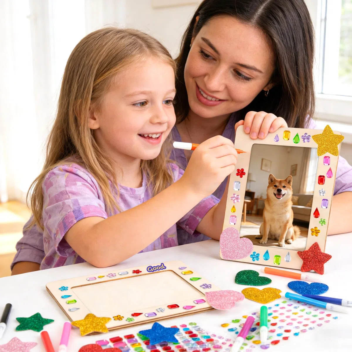 10 marcos de madera para pintar para niños,Kit de manualidades DIY para diseñar tus propios marcos de fotos de 19 x 14 cm,con 12 rotuladores y pegatinas, Ideal para cumpleaños infantiles, manualidades