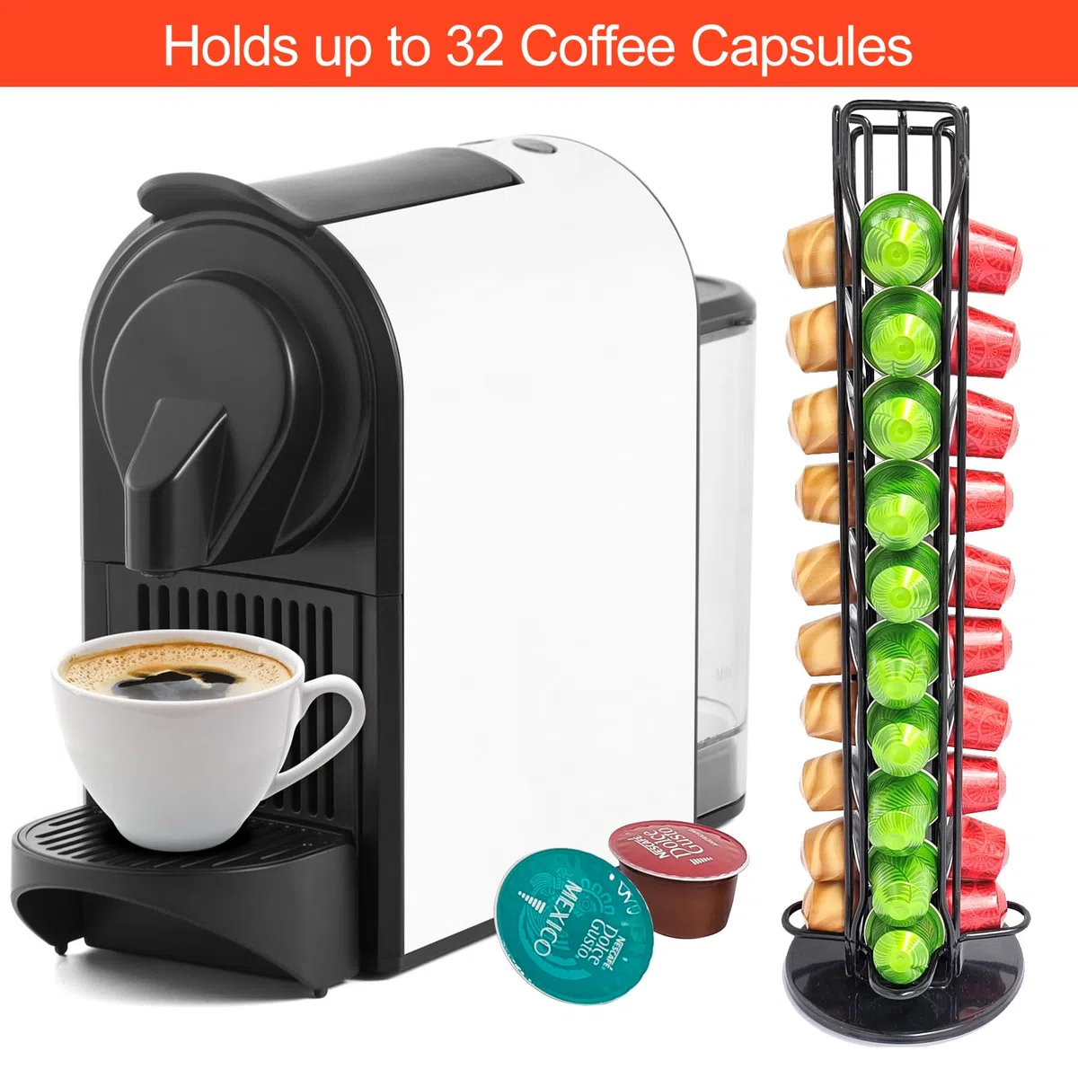 Lectorias Porta Capsulas para Nespresso, Soporte para Contener 40 Piezas Café Capsulas, 360 Grados Giratorio Dispensador Capsulas, Negro Organizador Cápsulas con Base Antideslizante, Hecho de Metal