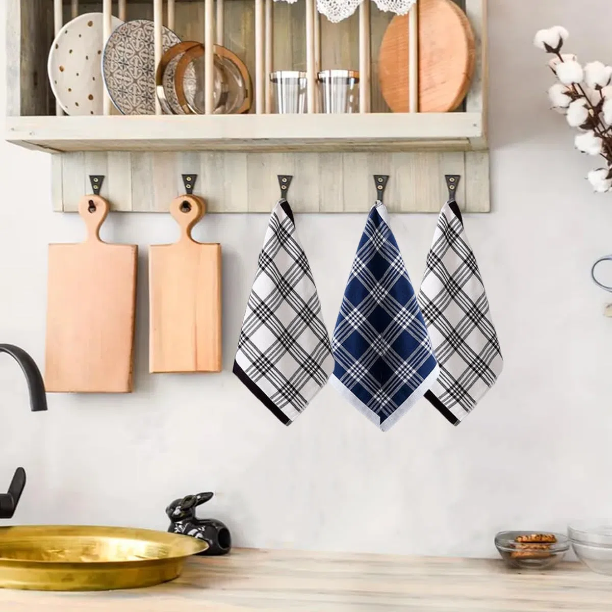 Paños de Cocina Algodón 34 x 34 cm Trapos Cocina 100% Algodon Juego de 6 Kitchen Towels Súper Absorbentes Trapos Azules a Cuadros Textiles de Cocina para Secar