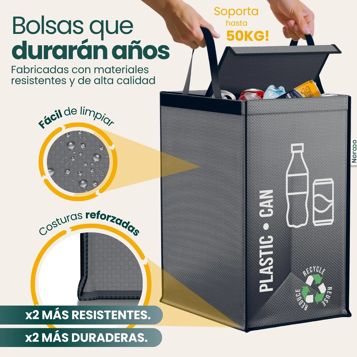 Cubos de basura de reciclaje - Set de 2 x 50L para plástico y papel - Cubo basura reciclaje duradero - Bolsas reciclaje basura colores - Papelera Reciclaje 2 Compartimentos