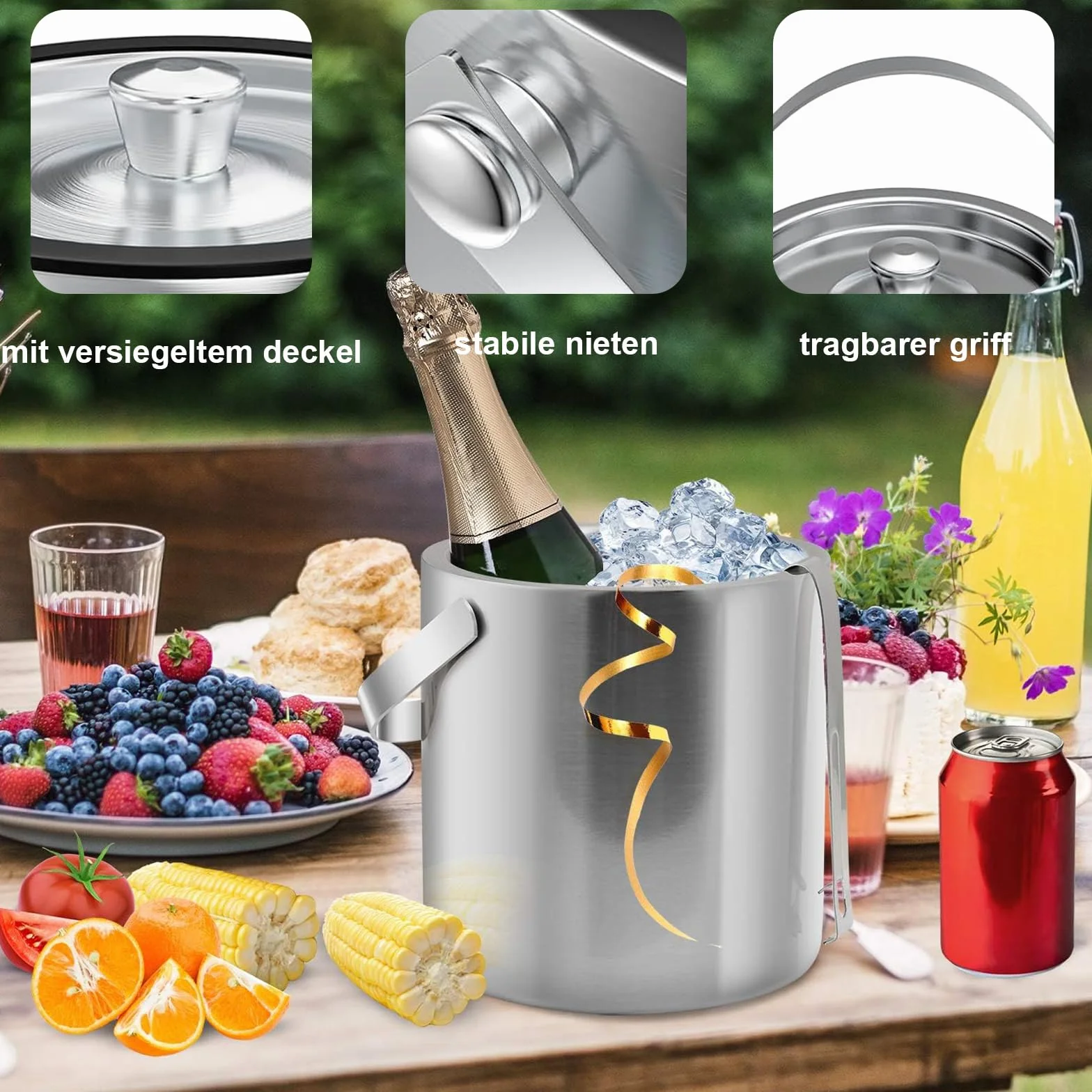 Cubitera, Cubitera Redonda con Tamiz y Pinzas Para Hielo, Recipiente Para Cubitos de Hielo de 2 Litros, Cubitera de Acero Inoxidable, Enfriador de Cubitos