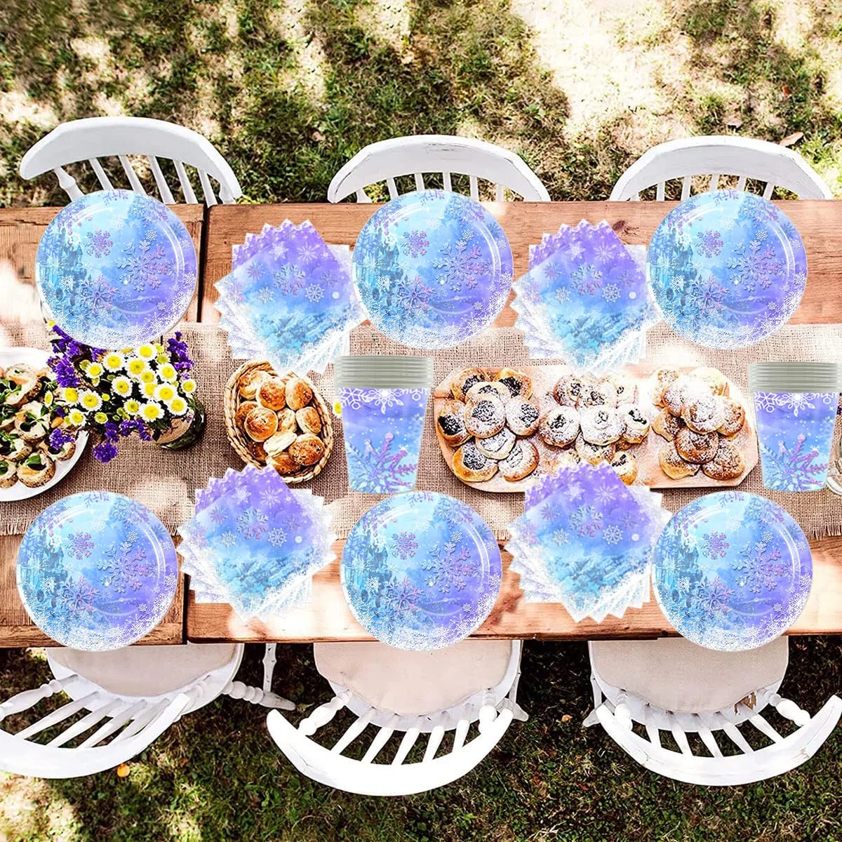 61 piezas Vajilla fiesta Frozen, juego de vajilla copo de nieve azul y morado, 20 servilletas 20 vasos de papel 20 platos de papel 1 mantel, vajilla para niños y adultos