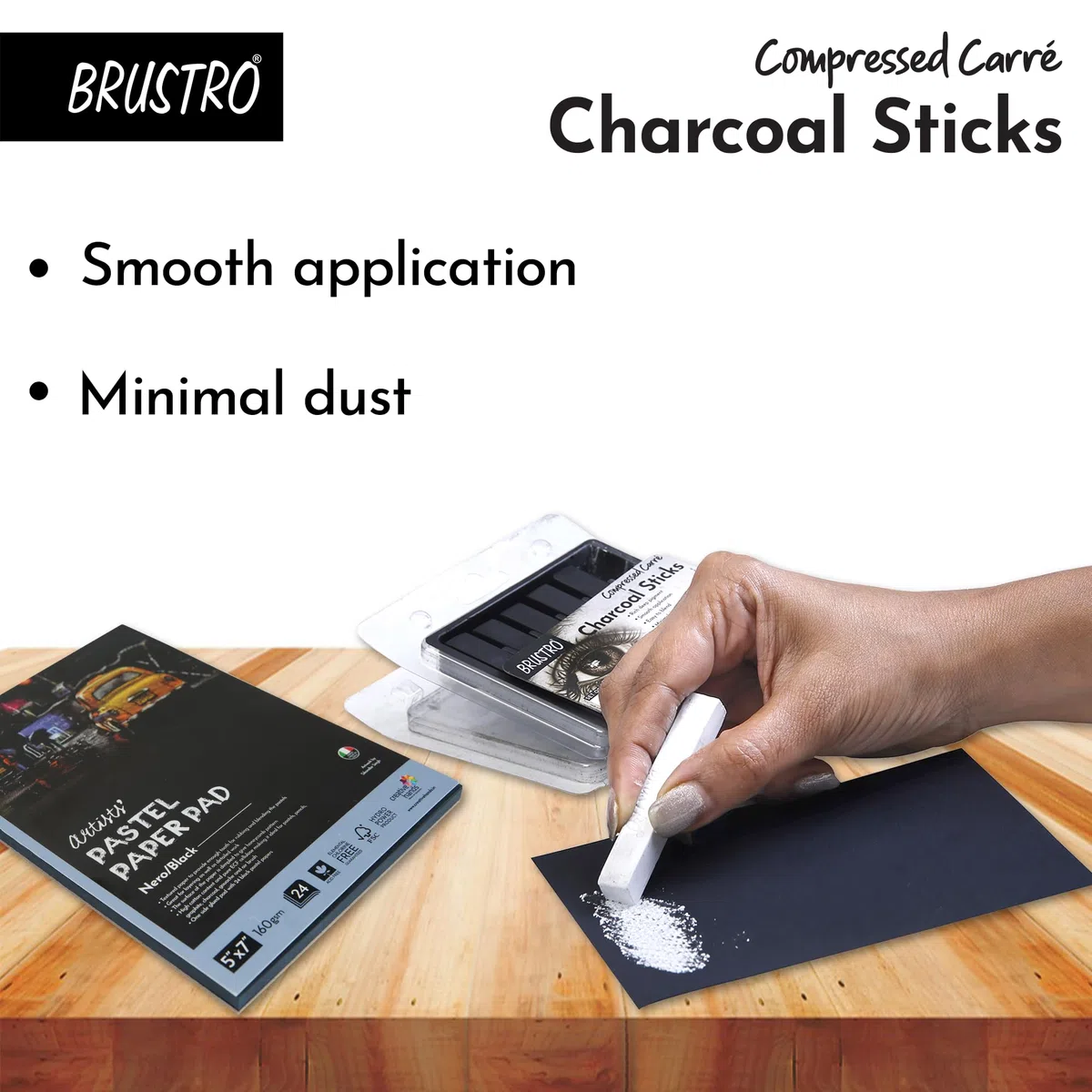 BRUSTRO Palos de carbón comprimido para artista, juego de 6 (5 negros y 1 blanco), ideal para retratos de carbón, dibujo, manualidades, uso profesional.